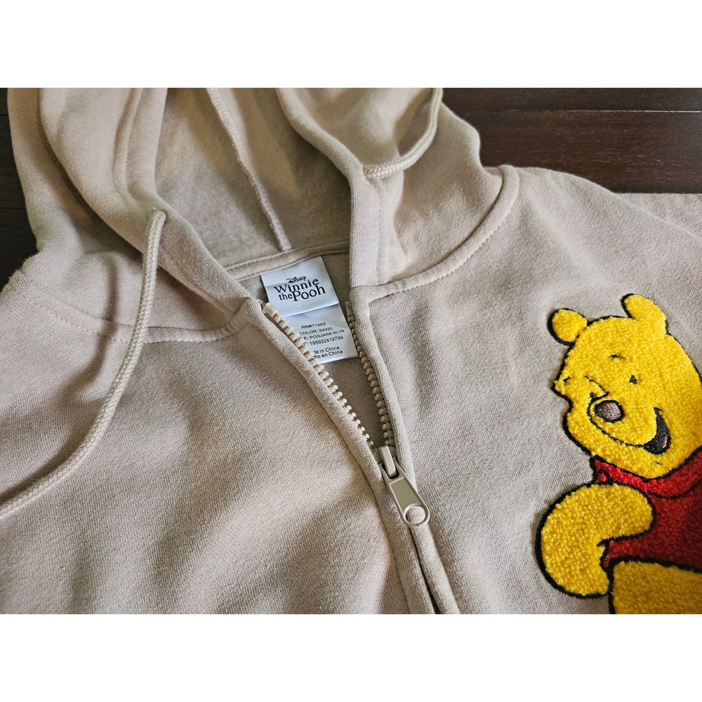 Disney Winnie the Pooh Zip Hoodie Womens L Sand Beige Patch Sleeve Sweatshirt
